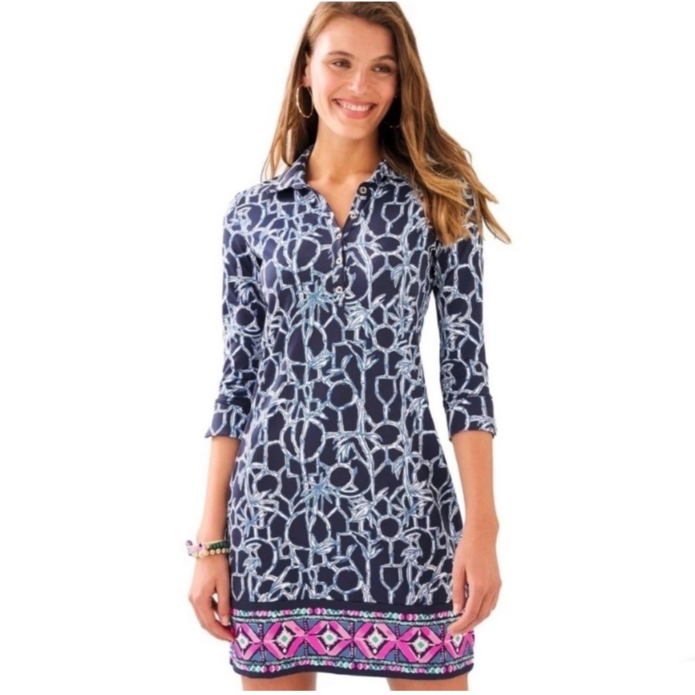Lilly Pulitzer Ansley Polo Navy Blue White Pink Collared Shirt Dress Size M